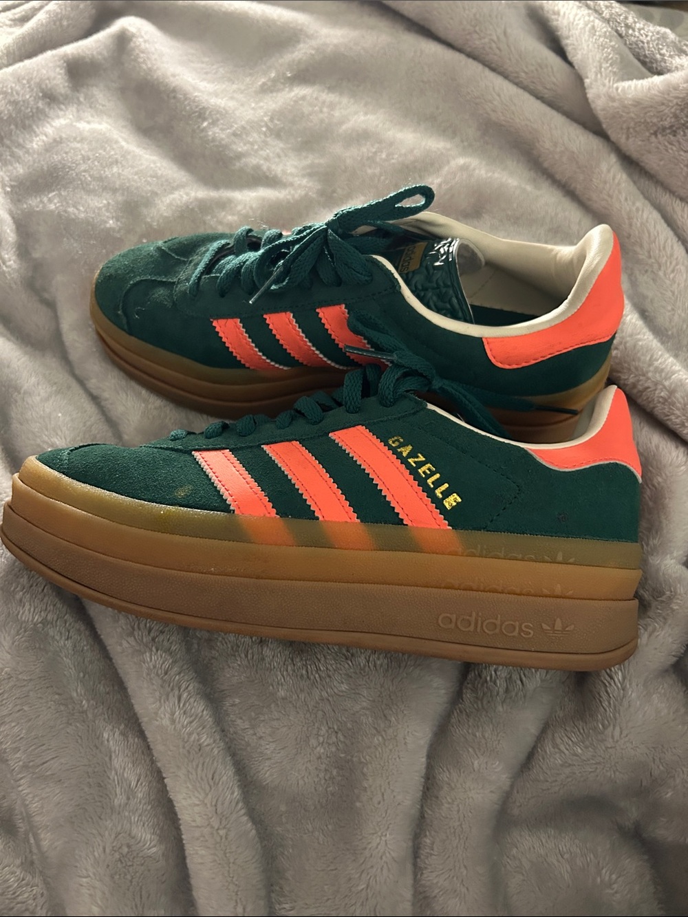 adidas Gazelle Platform Sneakers in Green with Coral Accents